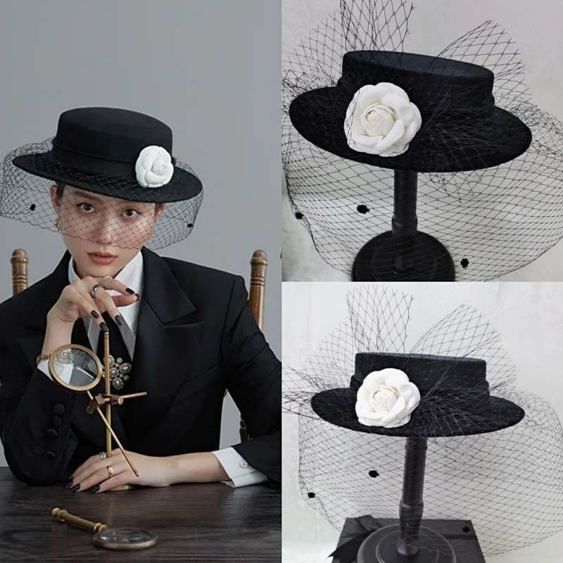 หมวกกี๊ฟผู้ดี หมวกวินเทจ หมวกปีกกว้าง หมวกตาข่ายสีดำ สินค้าพร้อมส่ง
