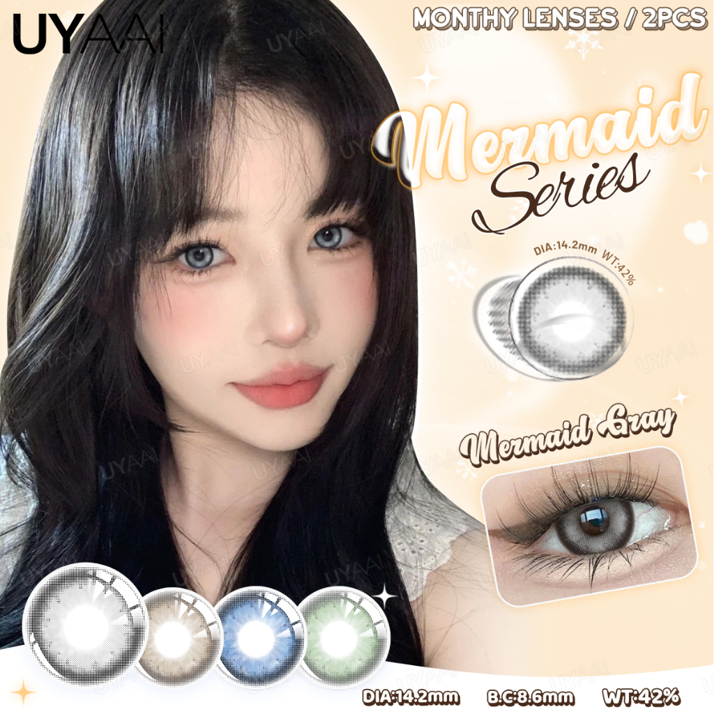 [จัดส่ง 1-2 วัน]💖 UYAAI คอนแทคเลนส์ สีเทาอ่อน 14.2 มม. 2 ชิ้น ต่อคู่ สี่คอนแทคเลนส์ รายเดือน mermaid gray/ mini gray