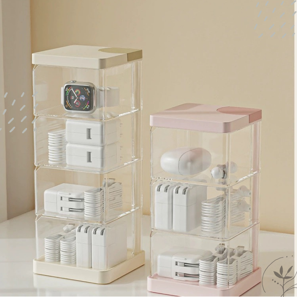 กล่องอะคริลิคใส กล่องที่เก็บสายชาร์จกล่องอุปกรณ์สำนักงาน แบบหมุน 360องศา พร้อมส่ง