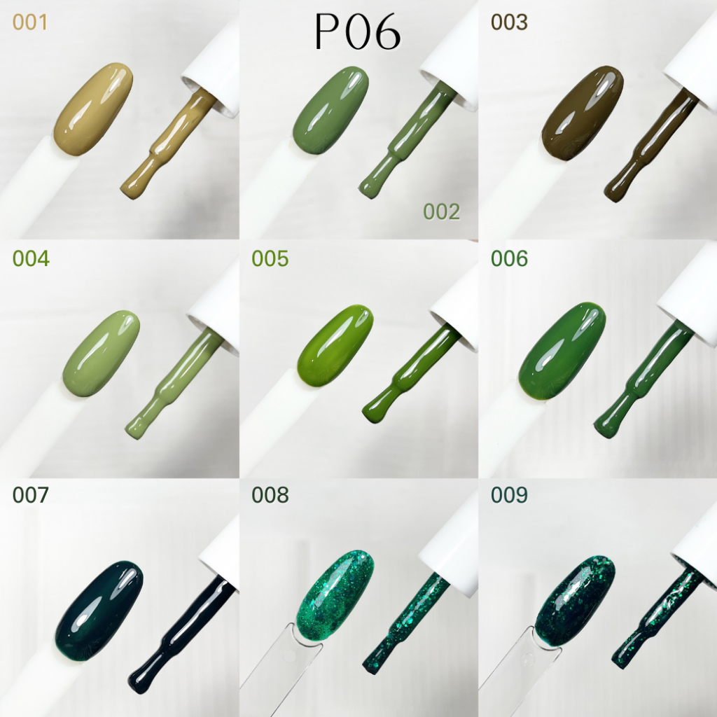 สีเจล ORGANAIL คอลลเลคชั่น P06 โทนเขียว l สีทาเล็บเจล ยาทาเล็บเจล uv/led ขวดบอกสี สีเจลเขียว สีเขียว