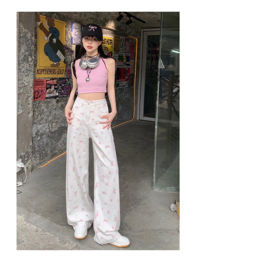 YODO กางเกงยีนส์สตรี เอวสูง ลายดอกไม้ กางเกงขากว้างสีขาวสไตล์เกาหลี S-3XL ราคา ถูกที่สุด ดีลบีเคเค แกลเลอรีภาพที่ 5