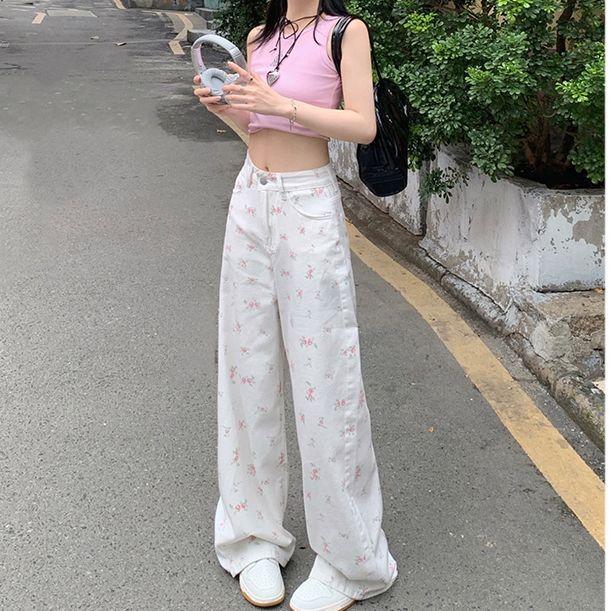 YODO กางเกงยีนส์สตรี เอวสูง ลายดอกไม้ กางเกงขากว้างสีขาวสไตล์เกาหลี S-3XL ราคา ถูกที่สุด ดีลบีเคเค แกลเลอรีภาพที่ 6