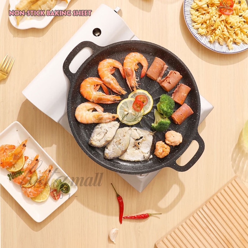 BBQ กระทะปิ้งย่าง 29cm/33cmซม. ขอบยก ทรงย่างเนย แบบบาง เคลือบ non-stick กระทะบาร์บีคิว หูคู่ ถาดบาร์บีคิว B0146