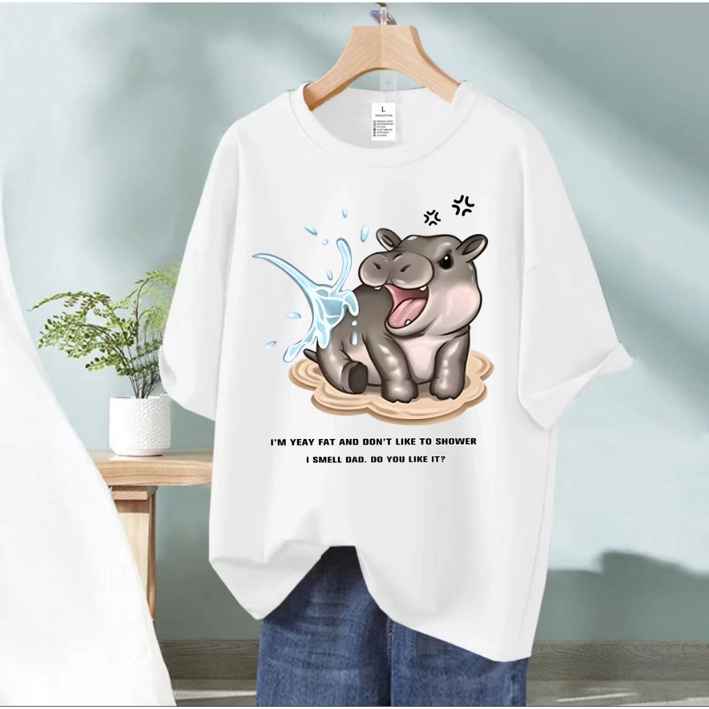 BK-1184 เสื้อยืด แขนสั้น Moodeng hippo หมูเด้ง T-shirt ลายน่ารักใส่ได้ทั้งชายและหญิง