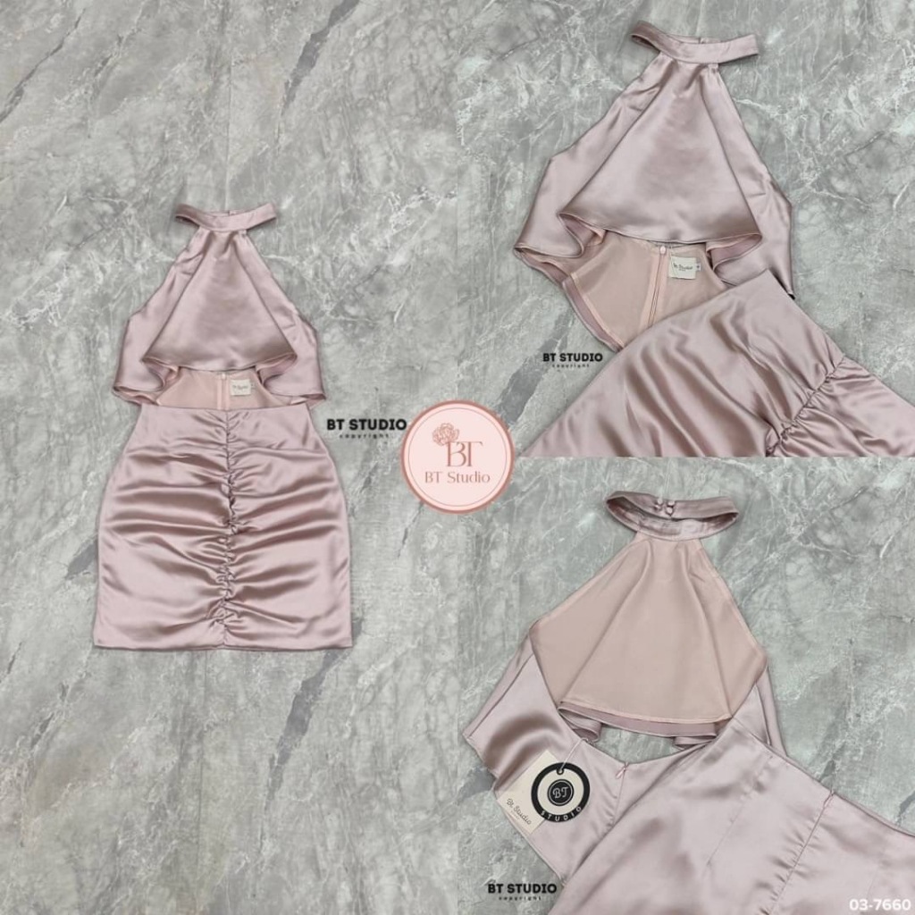 BT  03-7660  งานลดราคา เคลียร์สต็อก ราคาพิเศษ เซท 2 ชิ้น เสื้อคล้องคอเว้าหลังแมทซ์กับกระโปรงสั้นจับจ