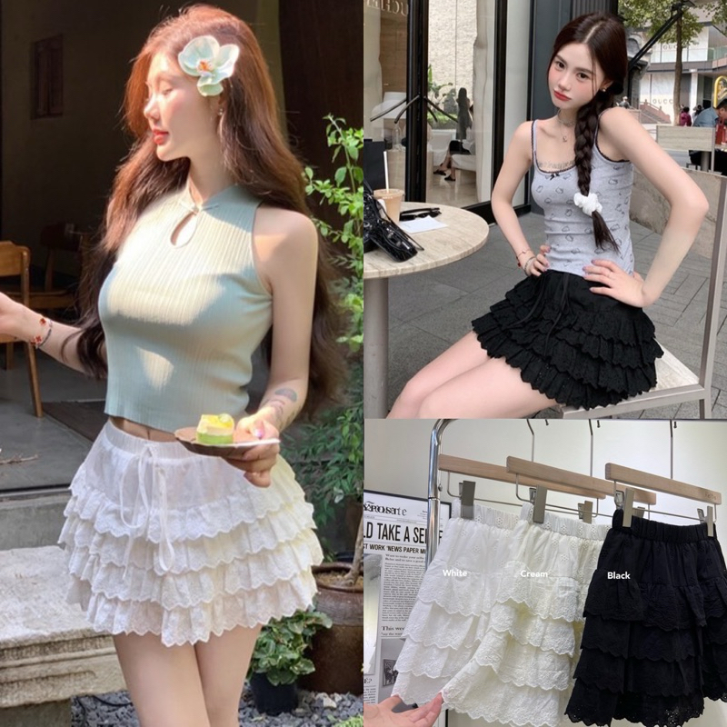 Lady_jeans#2372(IN)กระโปรงลูกไม้ระบาย4ชั้น ผูกโบว์หน้า