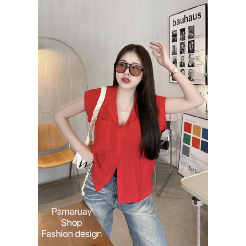 Cotton เสื้อเชิ้ตแขนล้ำแต่งกระเป๋า งานป้ายPamaruay