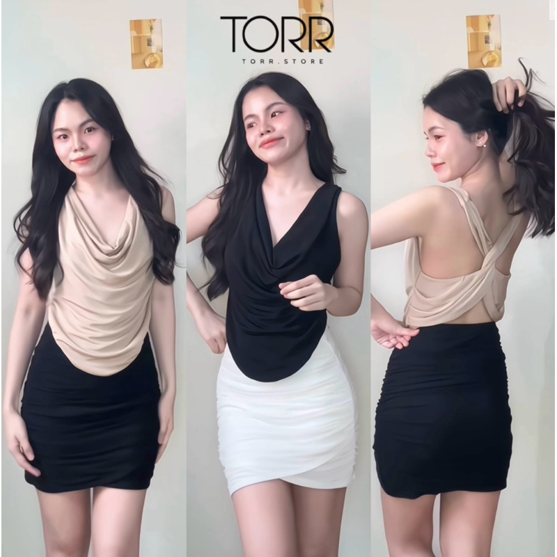 TORR.STORE Yada Top | เสื้อคอถ่วง บิดเกลียวหลัง ผ้ายืดหยุ่น มีความเงาเล่นแสง เซ็กซี่
