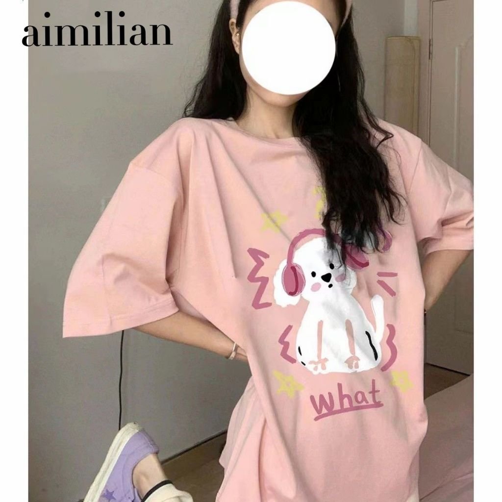 ผ้าฝ้าย 100% 2024 ใหม่สีชมพูเสื้อยืดผู้หญิงหวานเผ็ดแนวโน้มวิทยาลัยลมร้อยแขนสั้น