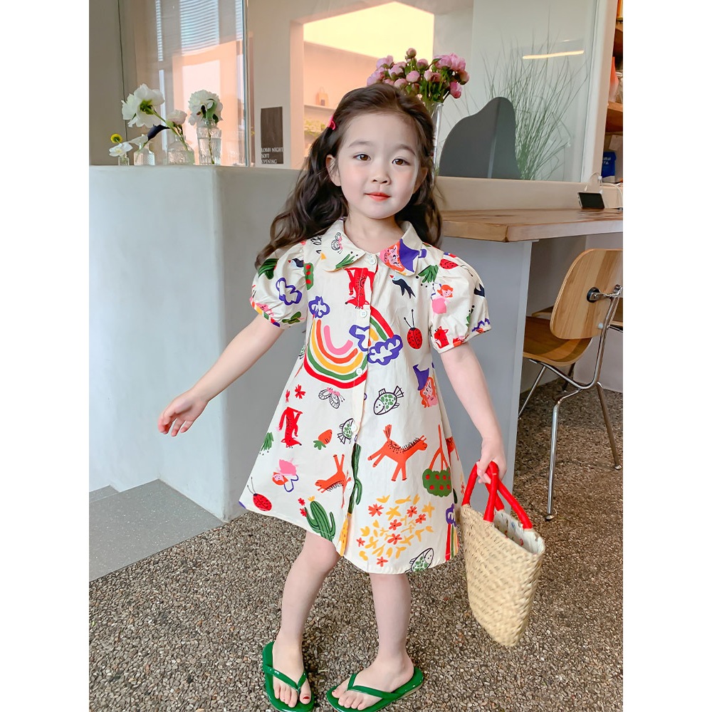 Hania kids พร้อมส่ง ชุดเดรส ลายกราฟฟิตี สำหรับเด็กผู้หญิง สไตล์เจ้าหญิง พร้อมส่งในไทย-K3124248
