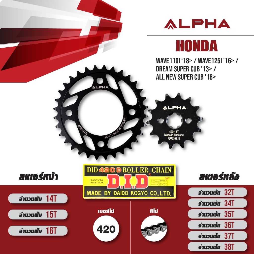 ชุดโซ่สเตอร์ ALPHA เปลี่ยน Wave110i ‘18> / Wave125i '16> / Dream Super Cub '13> / All New Super Cub '18> (420)โซ่ D.I.D.