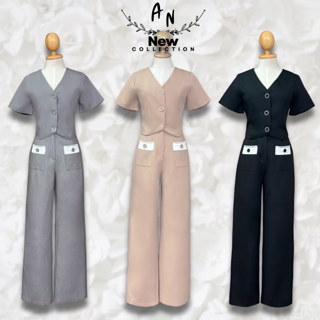 เซ็ตเสื้อครอปคอวีแขนสั้น+กางเกงขายาวแต่งขอบลูกไม้ The Alner Women Clothing Lady ผู้หญิง