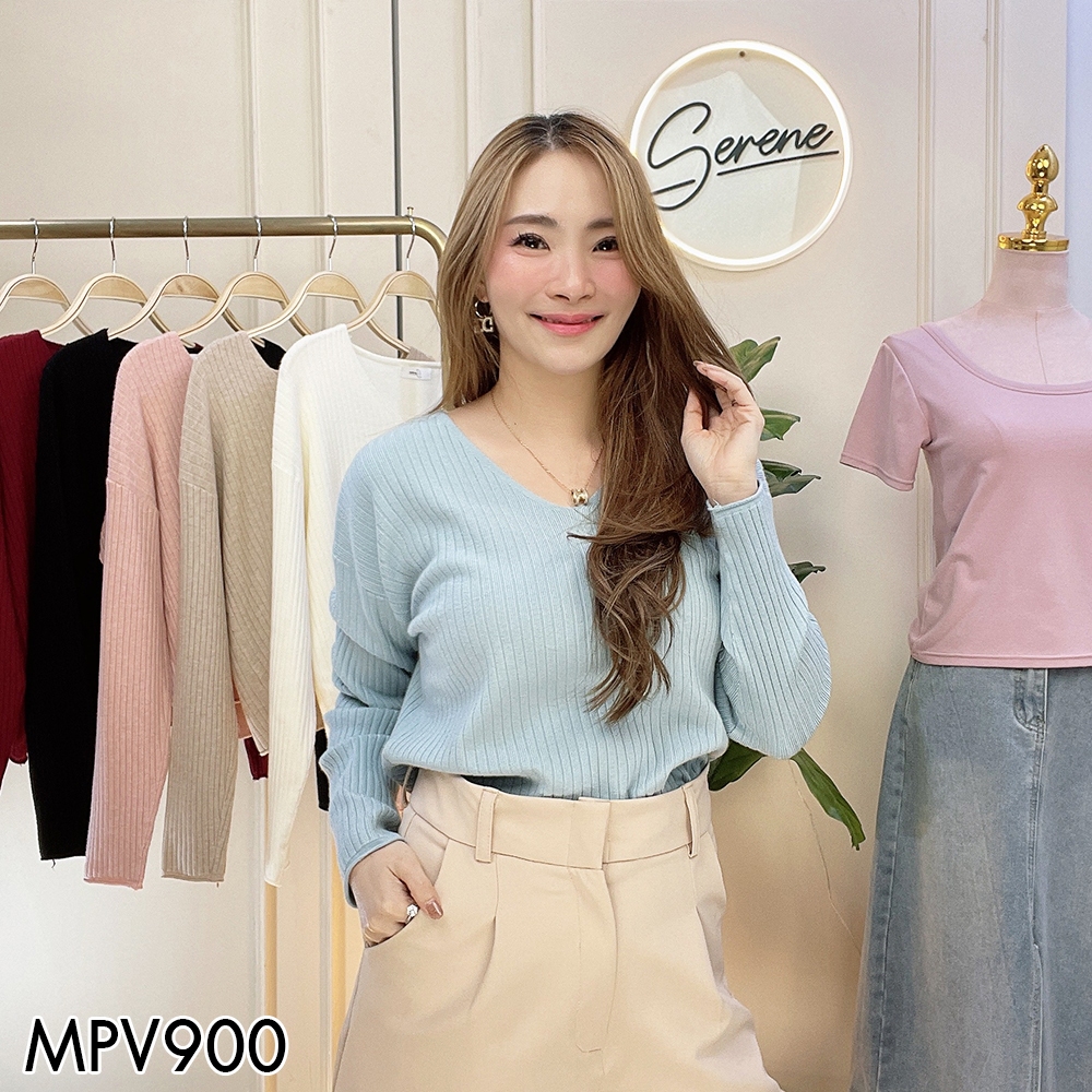 Serene's Choice เสื้อไหมพรม ผ้ายืด คอวี แขนยาว หน้าผ้า 38 นิ้ว สเวตเตอร์ ผ้าร่อง Long Sleeve Knit V-Neck Shirt