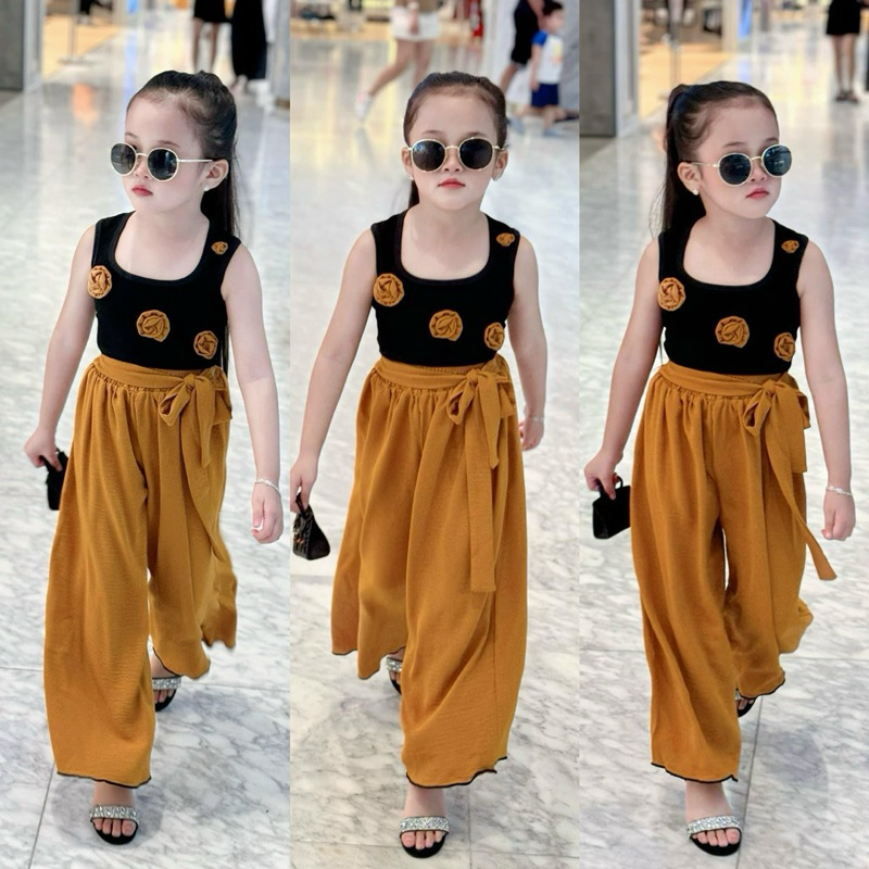ชุดเซ็ทเด็กผู้หญิง เสื้อกล้ามแต่งดอกไม้ กางเกงขายาวผ้าพริ้วใส่สบาย อายุ 1-7 ปี น้ำหนัก 10-30 โล รหัส AS