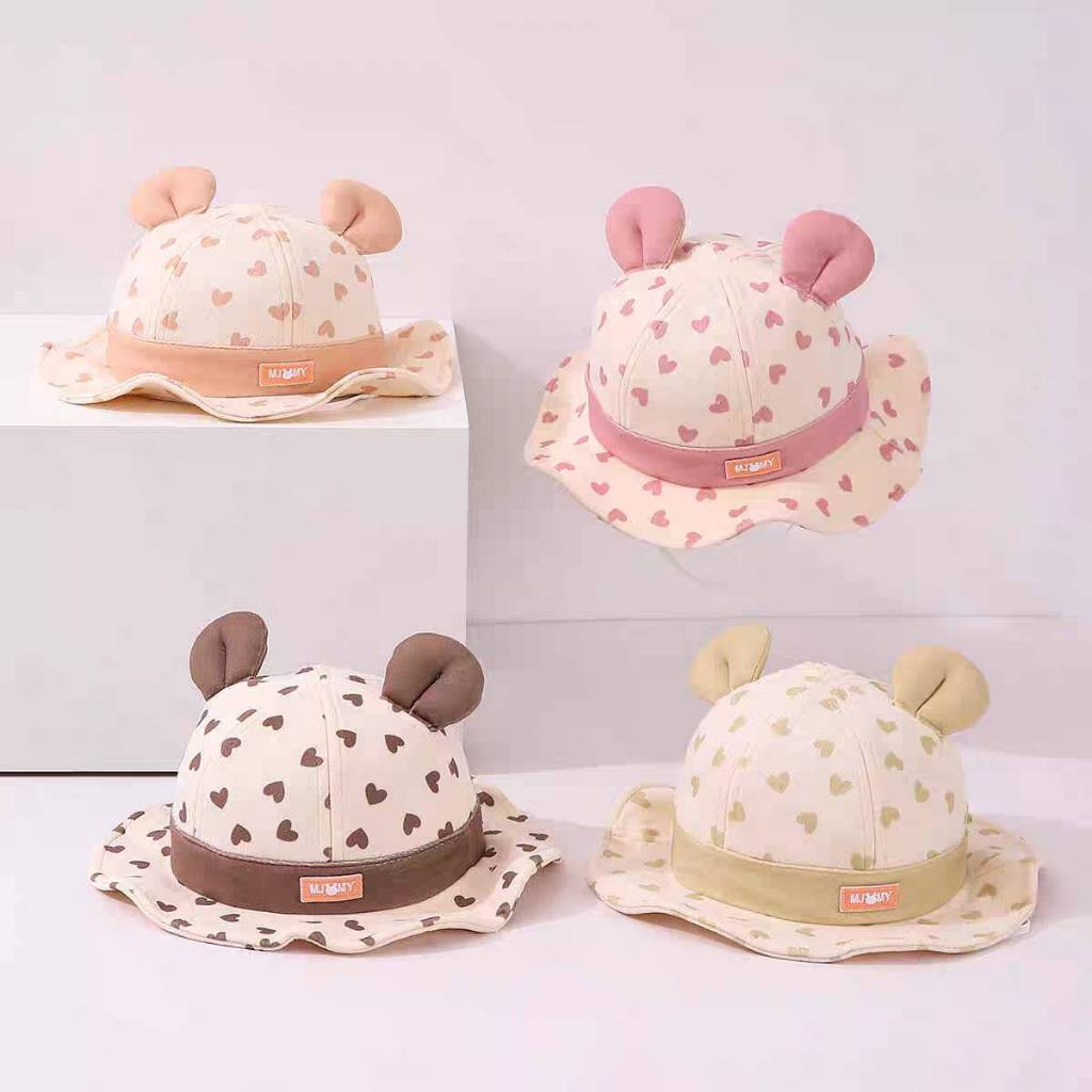 [พร้อมส่ง] หมวกเด็ก 10เดือน - 3ปี รอบหัว:48-50 cm. หมวกปีกรอบเด็กผู้หญิง ผ้าฝ้ายสีทูโทนพิมพ์ลายหัวใจ หมวกแฟชั่นเด็ก