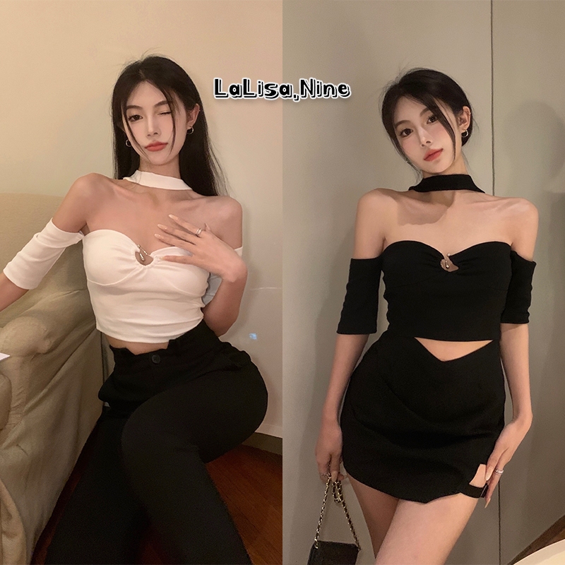 Lalisa พร้อมส่ง เสื้อคอปคล้องคอ เปิดไหล่ไหมพรมแฟชั่นผู้หญิง ทรงเข้ารูป แขนสั้น เซ็กซี่ เรียบหรู ใส่ไปปาร์ตี้ ไปทะเลไปคา