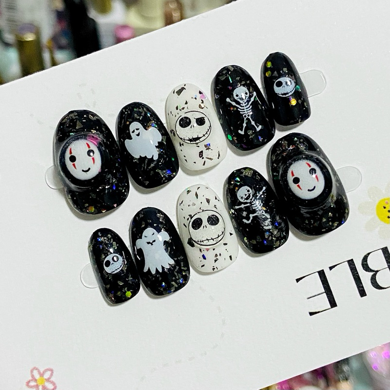 พร้อมส่ง เล็บเจลราคาถูก 100% ลายฮาลาวีนภูตไร้หน้า