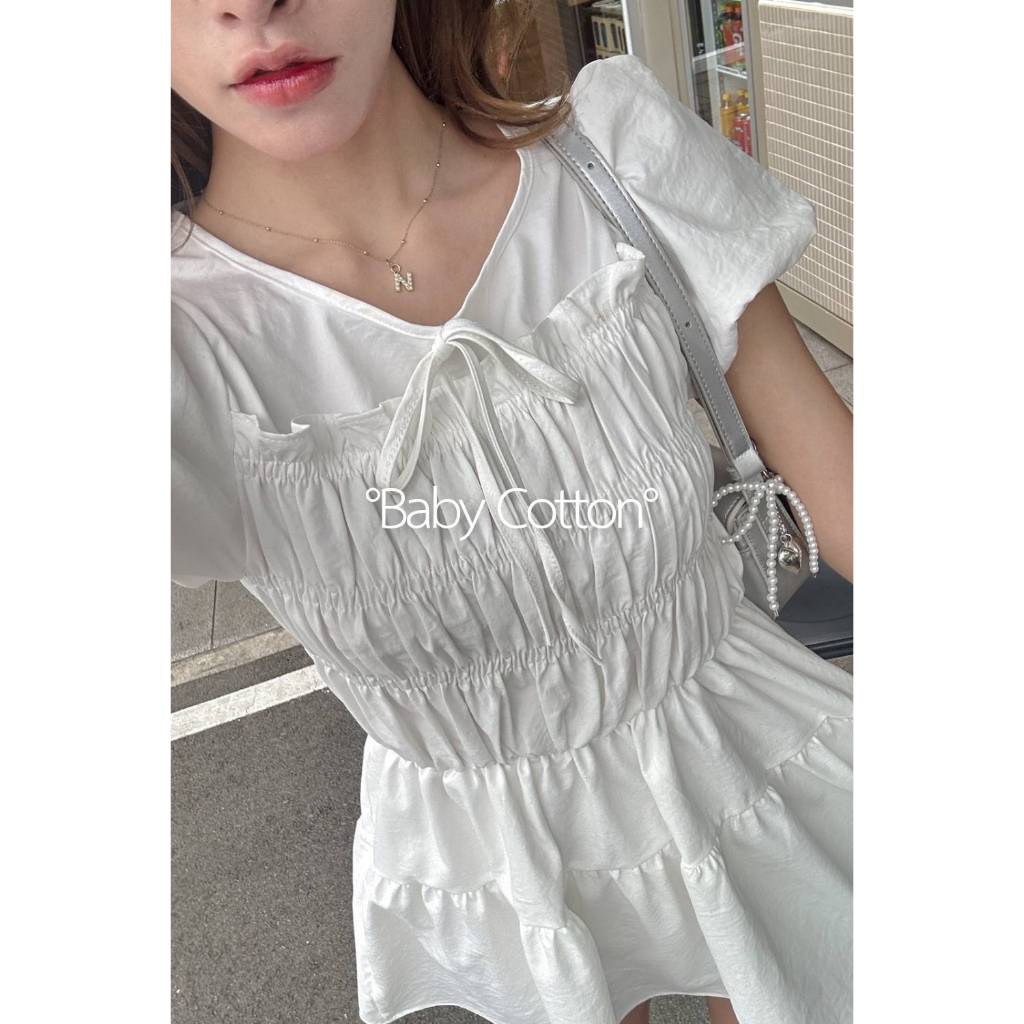 PANTA - Baby Cotton Mini Dress มินิเดรสแขนตุ๊กตา แต่งจั๊มรอบตัว
