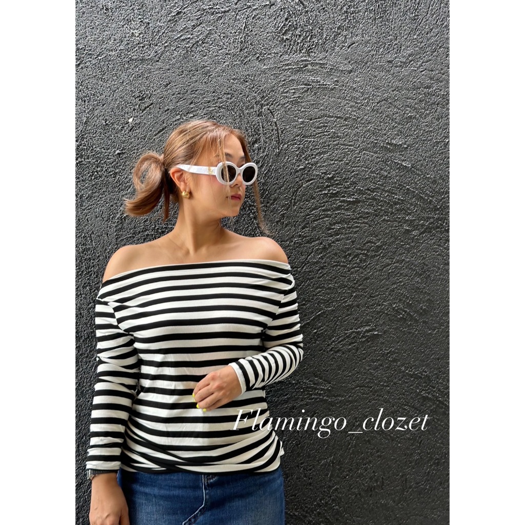 Shopee Video ลด30%เสื้อปาดไหล่ลายริ้วแขนยาว Stripe off shoulder long sleeve