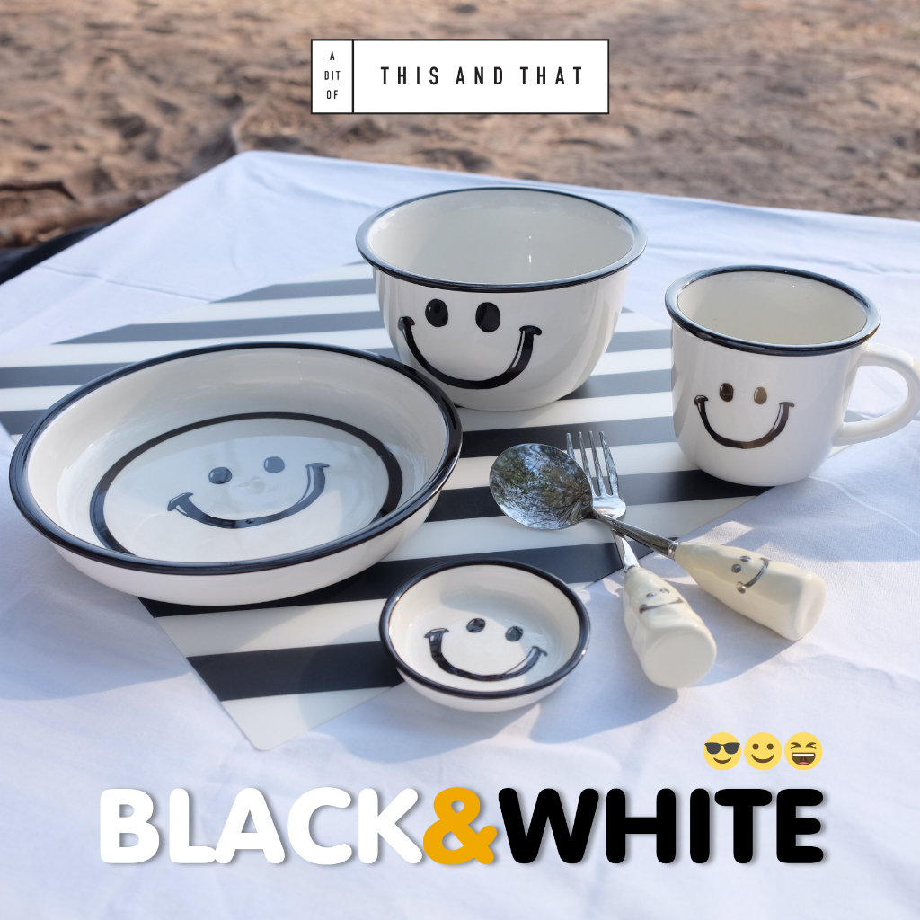 (ร้านไทยพร้อมส่ง) แก้วหน้ายิ้ม สีขาว Black and Whit family แก้วเซรามิค จานชามเซรามิค