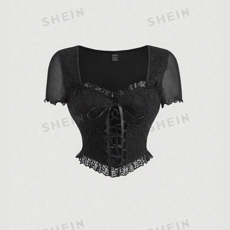 PRE-ORDER 7 วัน ชีอิน MOD เสื้อยืด ผูกเชือกหน้า ลูกไม้คอนทราสต์ งานป้ายชีอิน