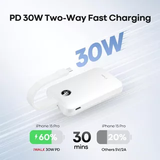 iWALK Power Hybridแบตสำรองไร้สาย10000mAh30WFastChargeพร้อมสายชาร์จในตัวรองรับ iPhone17,16,15,Samsung