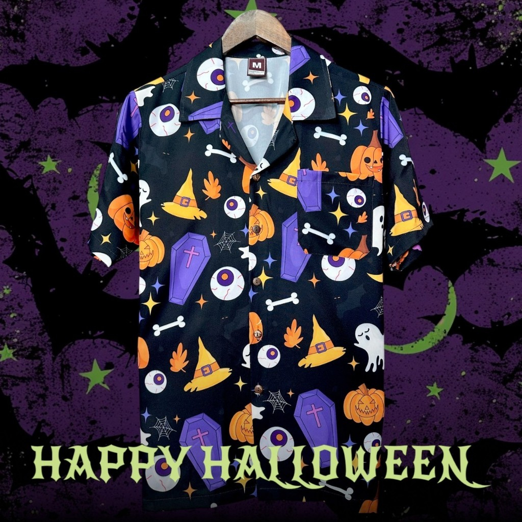 ไม่ยับไม่ร้อนไม่ต้องรีด ต้อนรับฮาโลวีน Halloween เสื้อฮาวาย ผ้าไหมอิตาลี ผ้านุ่มลื่นพริ้ว Bigsize H102