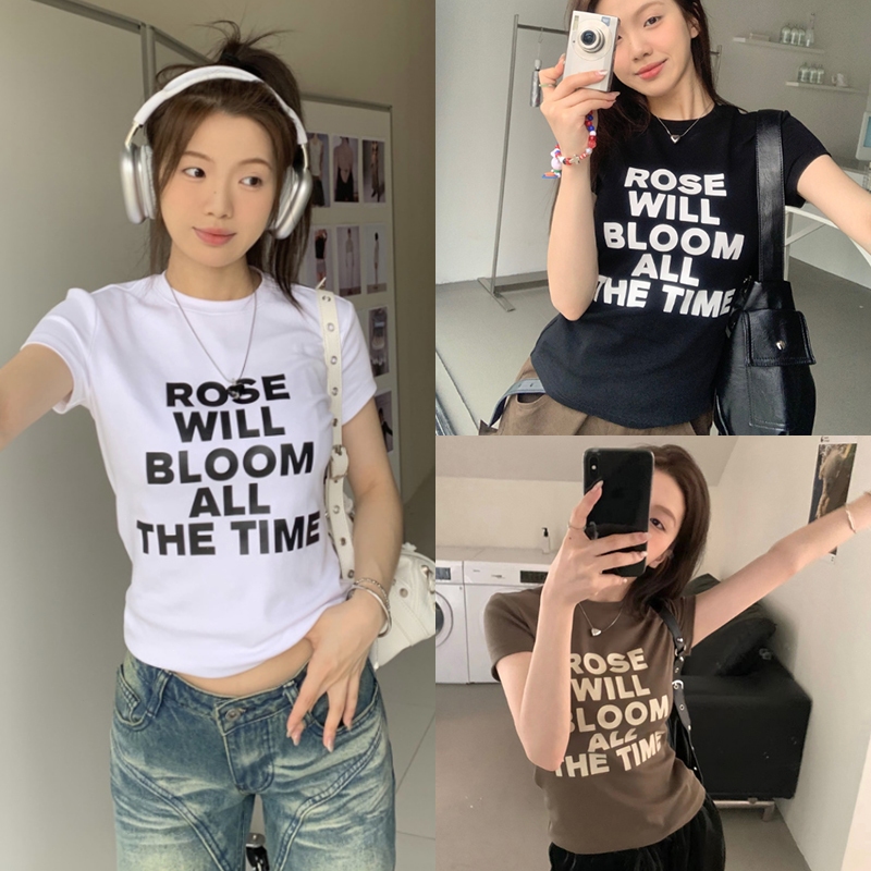 Lisaพร้อมส่ง💞เสื้อครอปท็อป เสื้อยืดคอกลม แขนสั้น เสื้อรัดรูป พิมพ์ลายตัวอักษร สไตล์เกาหลี แฟชั่นฮาราจูกุ สไตล์วินเทจ