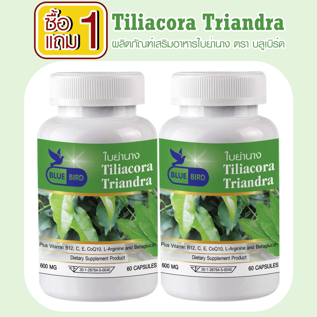 [1แถม1] ใบย่านาง Tiliacora Triandra ตรา บลูเบิร์ด ขนาด 600 มิลลิกรัม 60 แคปซูล