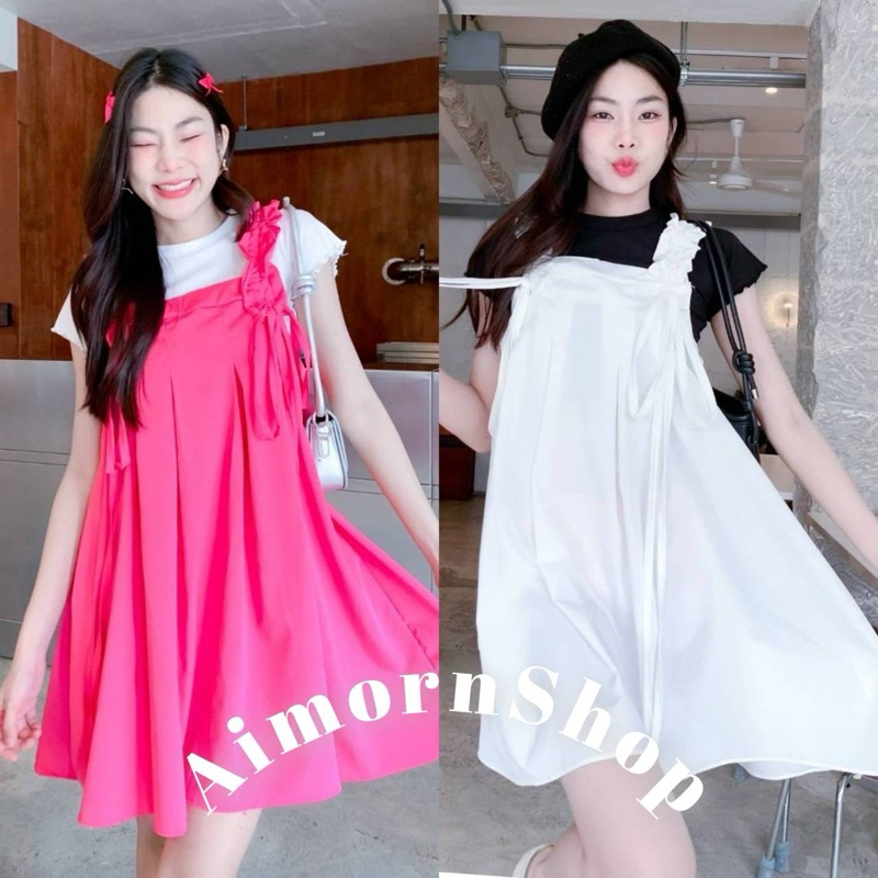 aimorn_shop เดรสสายใหญ่ คอเหลี่ยม รูดปรับสาย ผูกโบว์งานสวยมาก ผ้านิ่มใส่สบาย