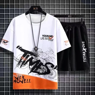 【ส่งเร็วพิเศษ】ชุดแฟชั่นชาย ชุดกางเกงขาสั้นเสื้อยืดผู้ชาย เสื้อผ้ายืด สวมใส่สบายใส่แล้วดูผอม Men's T-shirts Sets ผ้านุ่ม