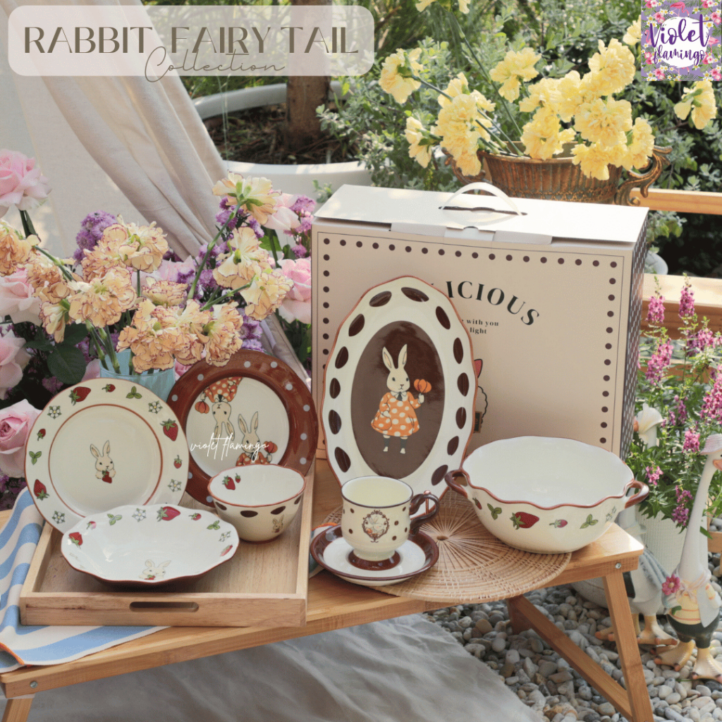 Violet Flamingo Rabbit Fairy Tail Collection จานเซรามิคลายกระต่าย จานชามสุดคิ้วท์ เข้าไมโครเวฟได้