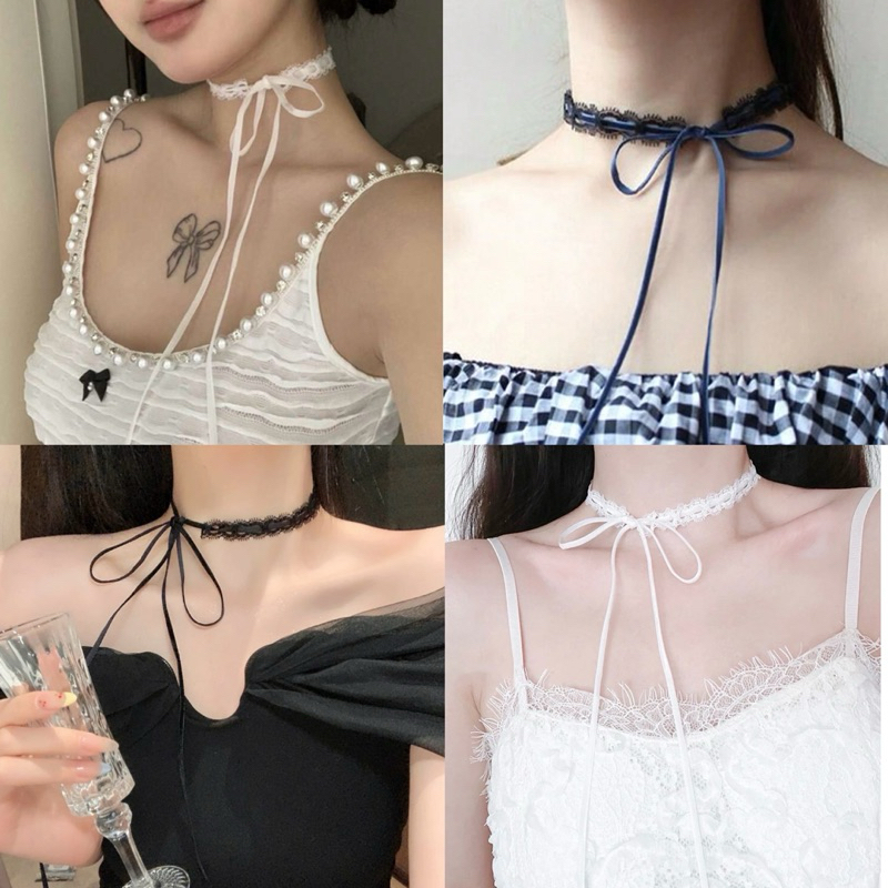 พร้อมส่ง โชคเกอร์ลูกไม้ยาวแบบผูก โชคเกอร์ริบบิ้นลูกไม้ผูกโบว์ โชคเกอร์แบบผูก สร้อยคอแบบผูก