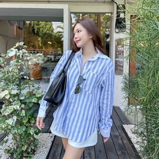 BLUE STRIPED SHIRT เสื้อเชิ้ตลายทางผู้หญิง Oversize แขนยาวเกาหลี เสื้อคลุมผู้หญิง ใส่เที่ยวใส่ทำงาน เนื้อดี ทรงสวย
