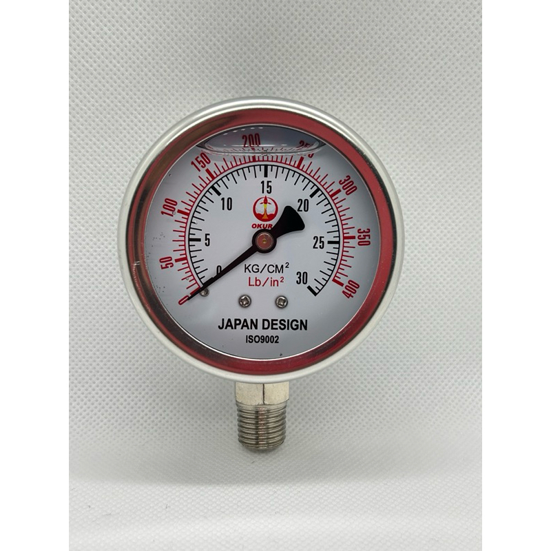 OKURA Pressure gauge มีน้ำมัน 30 kg/cm2 (400 psi) ขนาด 2.5 นิ้ว เกลียว 1/4 BSPT All Stainless