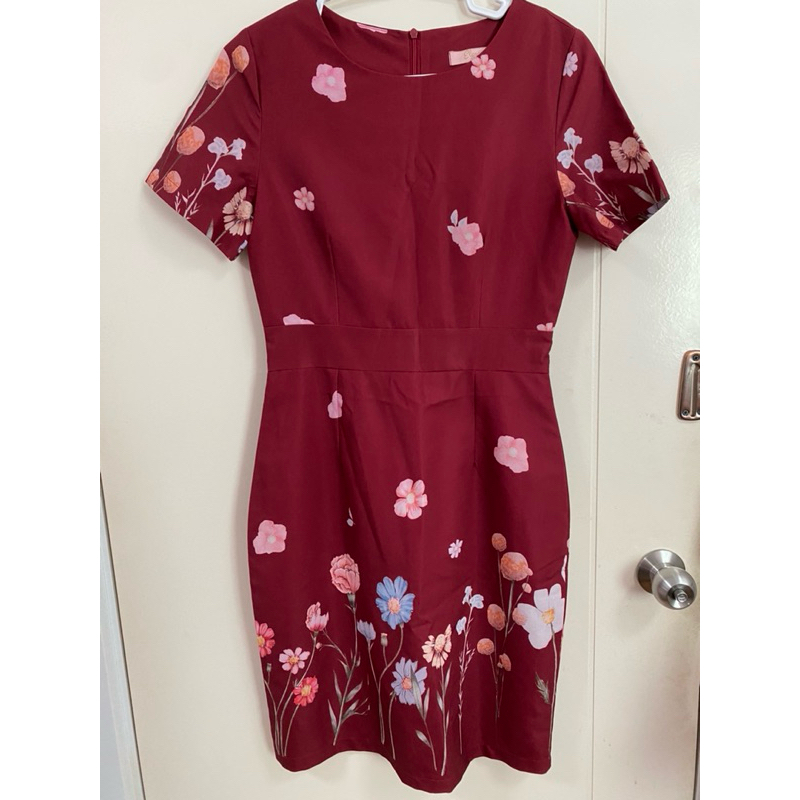 ส่งต่อ เดรสทำงานสีแดงไวน์ ลายดอก ป้ายElgrand