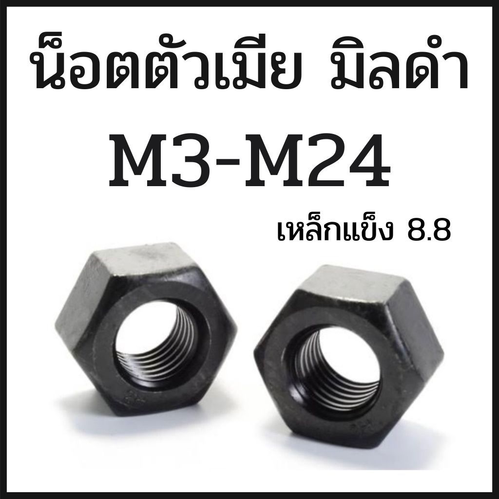 หัวน็อตดำ หกเหลี่ยม ดำ M3 M4 M5 M6 M8 M10 M12 M14 M16 M18 M20 M22 M24 น็อตตัวเมีย ชุบดำ เกรด8.8