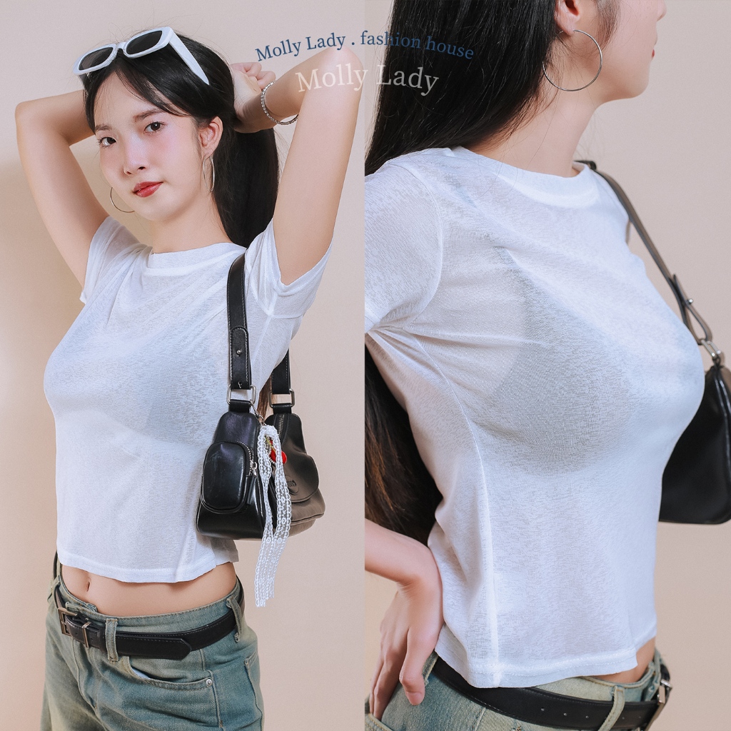 Molly Lady ❤️ เสื้อซีทรูผ้าสลาฟโปร่งแสง สีขาวคอกลมทรงพอดีตัว น่ารักใส่ง่าย See-through Slub shirt