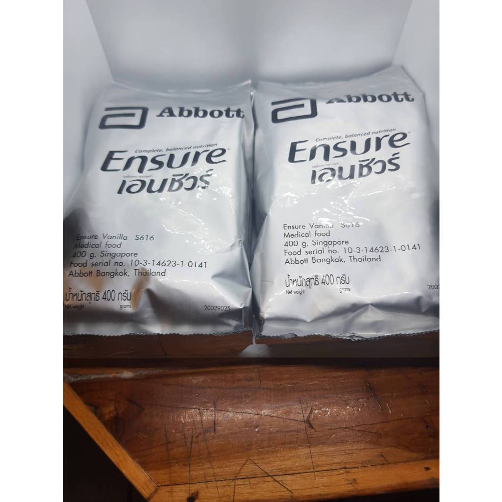 เอนชัวร์ กลิ่นวนิลา Ensure vanilla นมผงชนิดถุงเติม ขนาด400 กรัม x จำนวน2 ถุง (ซื้อ4 ถุงแถมช้อนตวง)