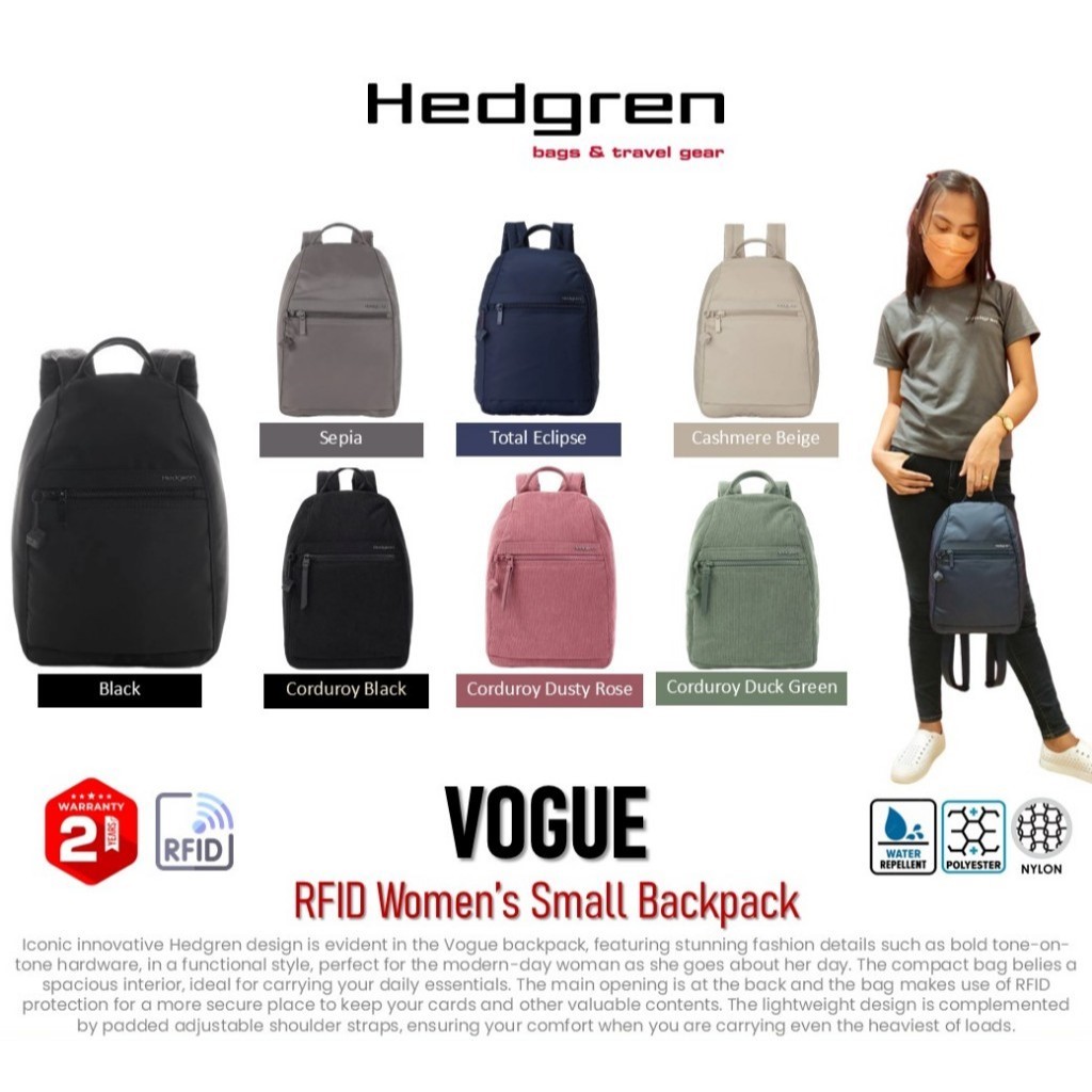 Hedgren VOGUE | RFID Women’s Small Backpack กระเป๋าเป้สะพายหลัง ผู้หญิง กันน้ำ ป้องกันโจรกรรมข้อมูล