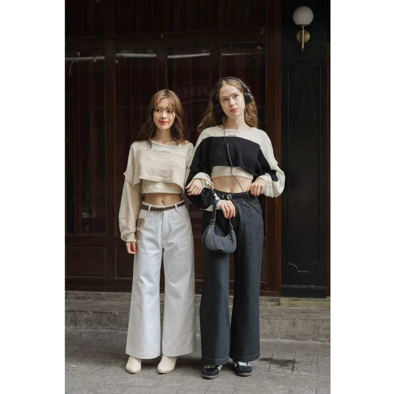 PEKKY KNIT (BEIGE/BLACK) CROP TOP