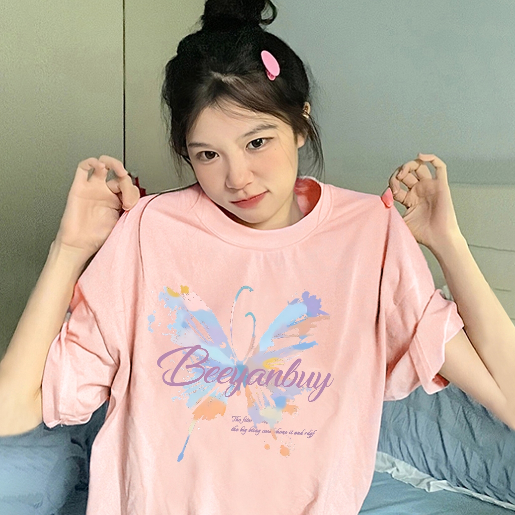 Y-T เสื้อยืดผู้หญิง คอกลม ผ้าฝ้าย 100% สวมใส่สบาย ลายพิมพ์ "BUTEITLY" เสื้อยืดแขนสั้น ทันสมัยและลำลอง