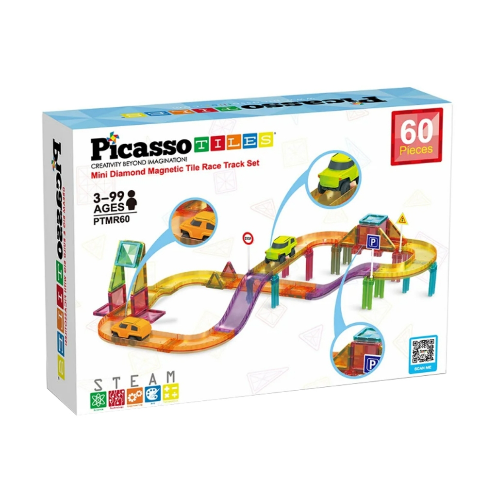 PicassoTiles 60 Pc Travel Magnet Tile Race Track with Car Playset