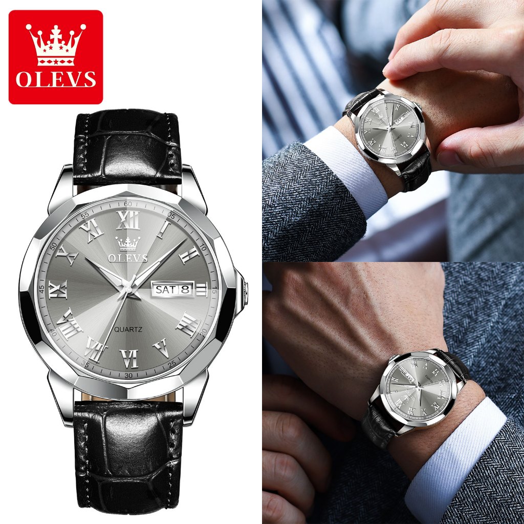 OLEVS นาฬิกาผู้ชาย กันน้ำ 100% แท้ ธุรกิจ กีฬา ปฏิทิน เรืองแสง สายหนังแท้ นาฬิกาข้อมือควอตซ์ ผู้ชาย