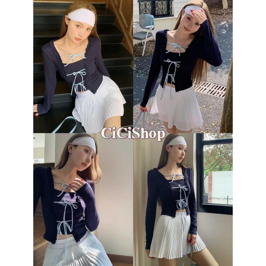 Cicishop(J1386)เสื้อยืดแขนยาวผูกโบว์ด้านหน้า สไตล์เกาหลี น่ารักสดใสสมวัยสุดๆ