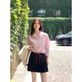 Cicishop(3340) เสื้อเชิ้ต ผ้าคอตตอล ปักลายด้านหน้า ทรงโอเวอร์ไซส์ หน้าสั้นหลังยาว