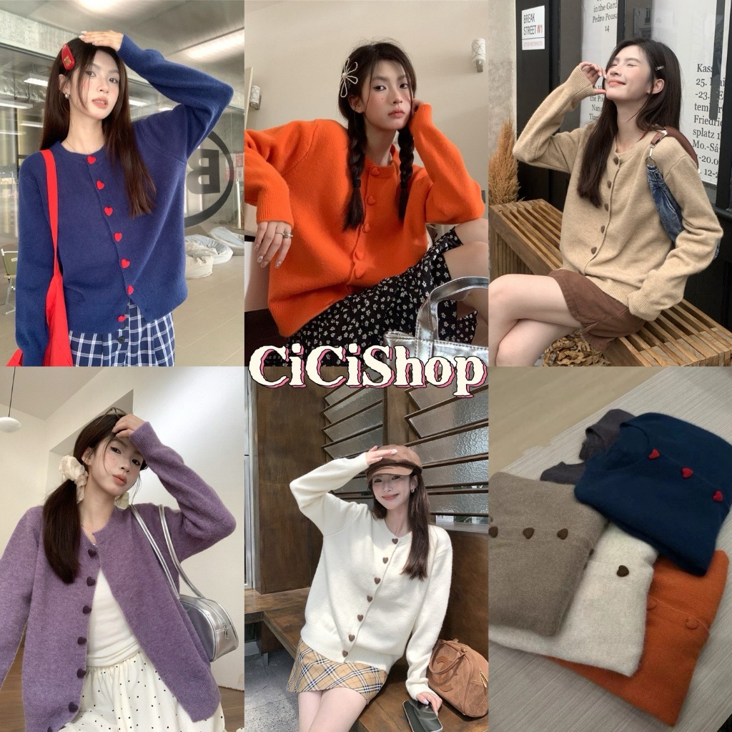 Cicishop(YT30)เสื้อไหมพรมแขนยาวคอกลม ดีเทลกระดุมรูปหัวใจ รักใสๆหัวใจ4ดวง