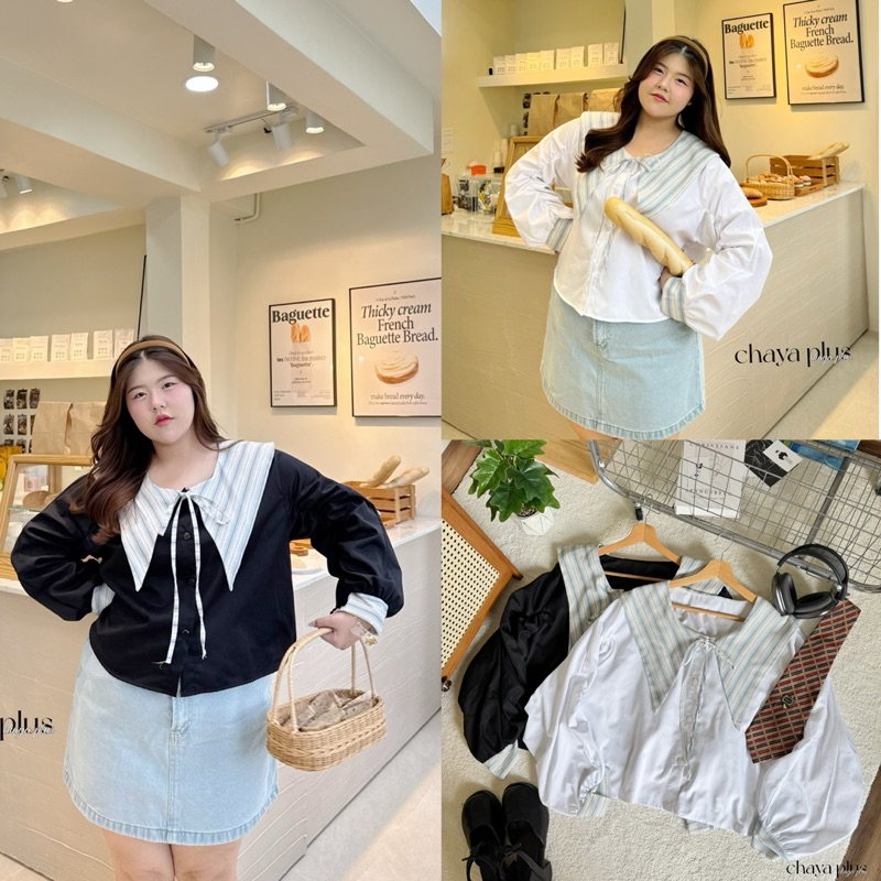 (LD) เสื้อแขนยาว คอปกแหลม ตัดแต่งผ้าสก็อต น่ารัก ฟีลนักเรียนญี่ปุ่น ใส่เที่ยว ใส่ทำงานได้ พลัสไซส์ ไซส์ใหญ่