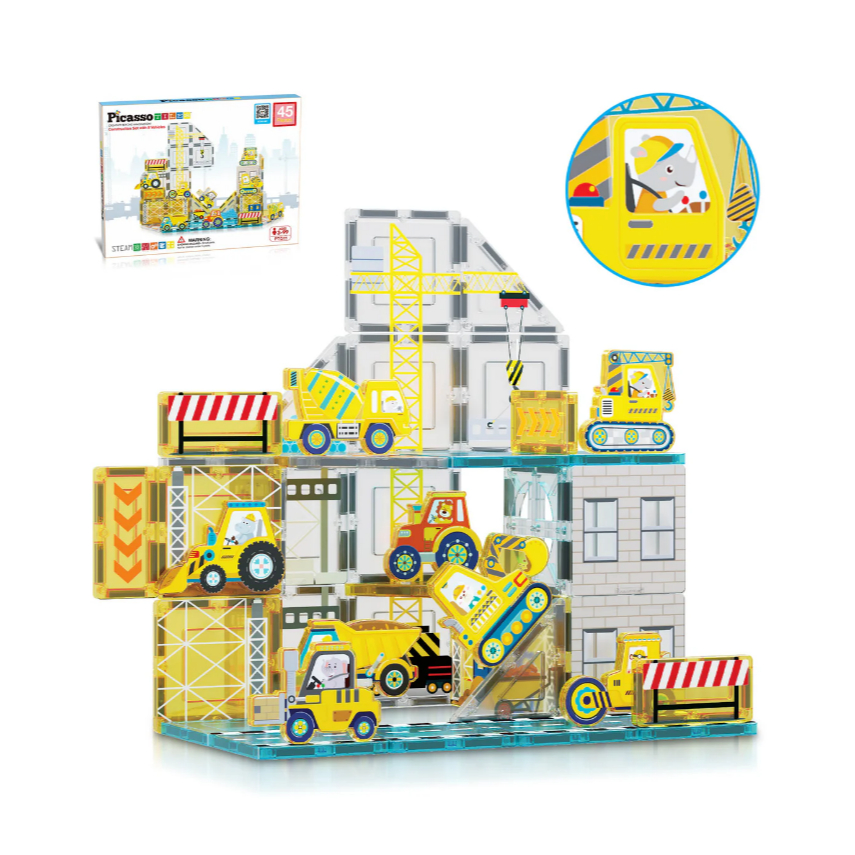 PicassoTiles 45 Pc Construction Adventure Magnet Tile Set with Action Figures