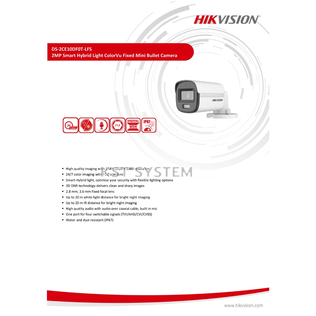 DS-2CE10DF0T-LFS (เลือกเลนส์) กล้องวงจรปิด Hikvision Smart Hybrid Light with ColorVu HDTVI 2MP (ไมค์)